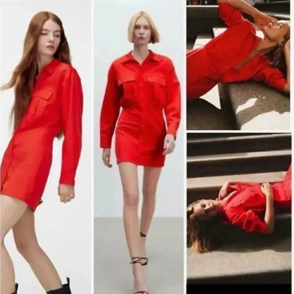 NWT ZARA SS21 POPLIN SHIRT DRESS RED 7385/331 - Picture 4 of 8